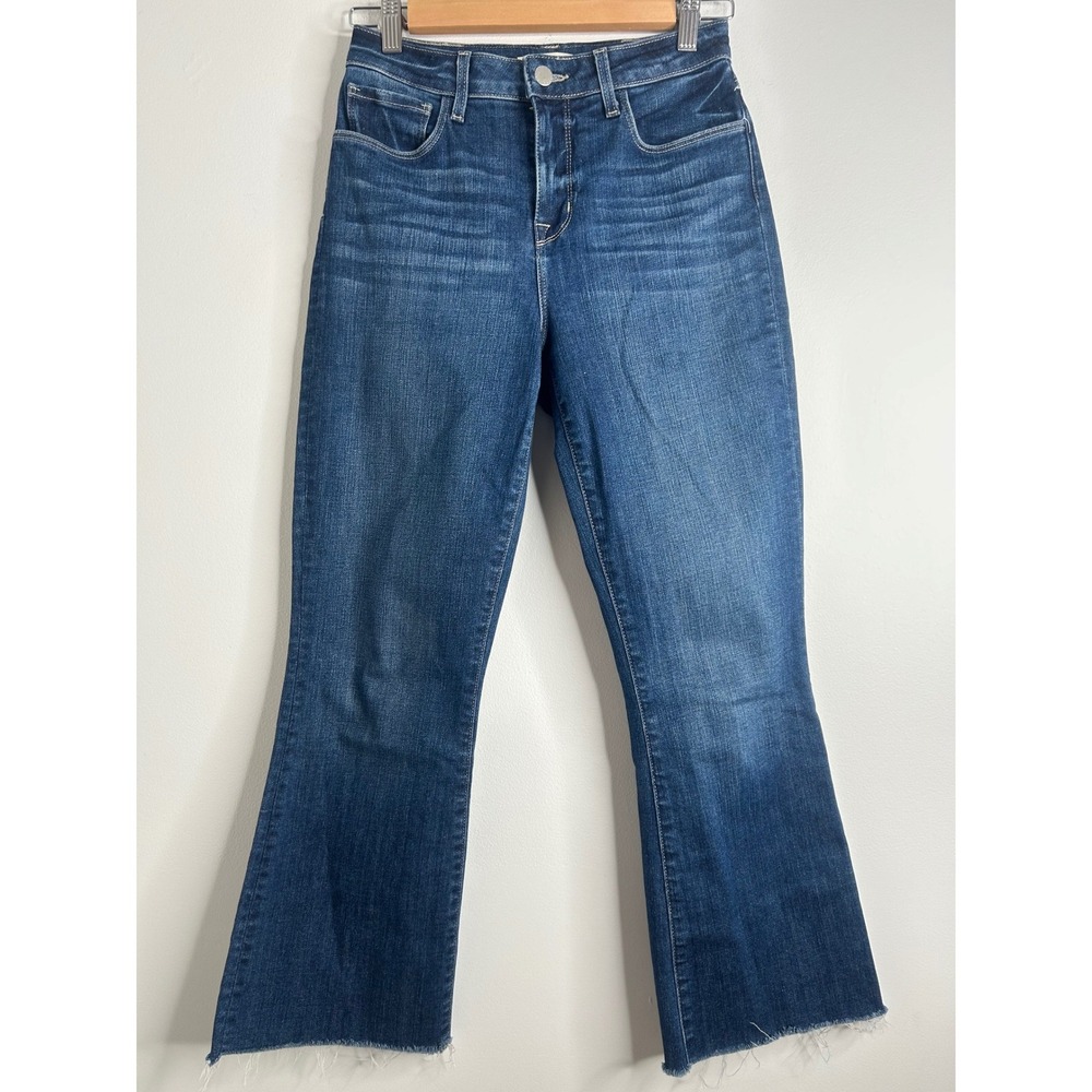 L'AGENCE Kendra High Rise Cropped Flare Jeans Sz 25 Raw Hem Blue Denim